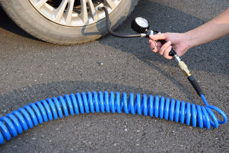 YOTOO Polyurethane Recoil Air Hose, Air Compressor Hose 1/4" Inner Diameter by 50' Long with Bend Restrictor, 1/4" Industrial Quick Coupler and Plug, Blue - Image 4